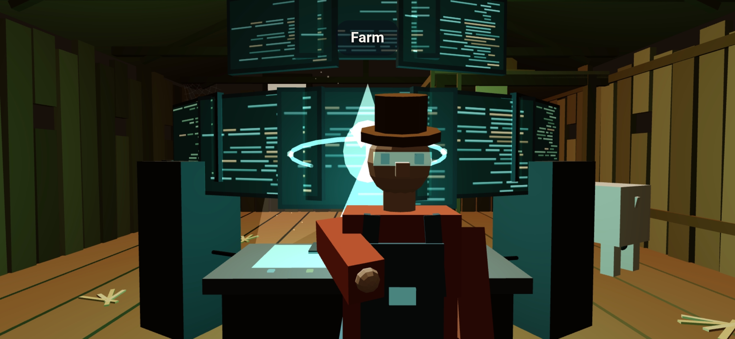 A top-hatted farmer at a wall of glowing code monitors inside a weathered barn, a sheep beside him