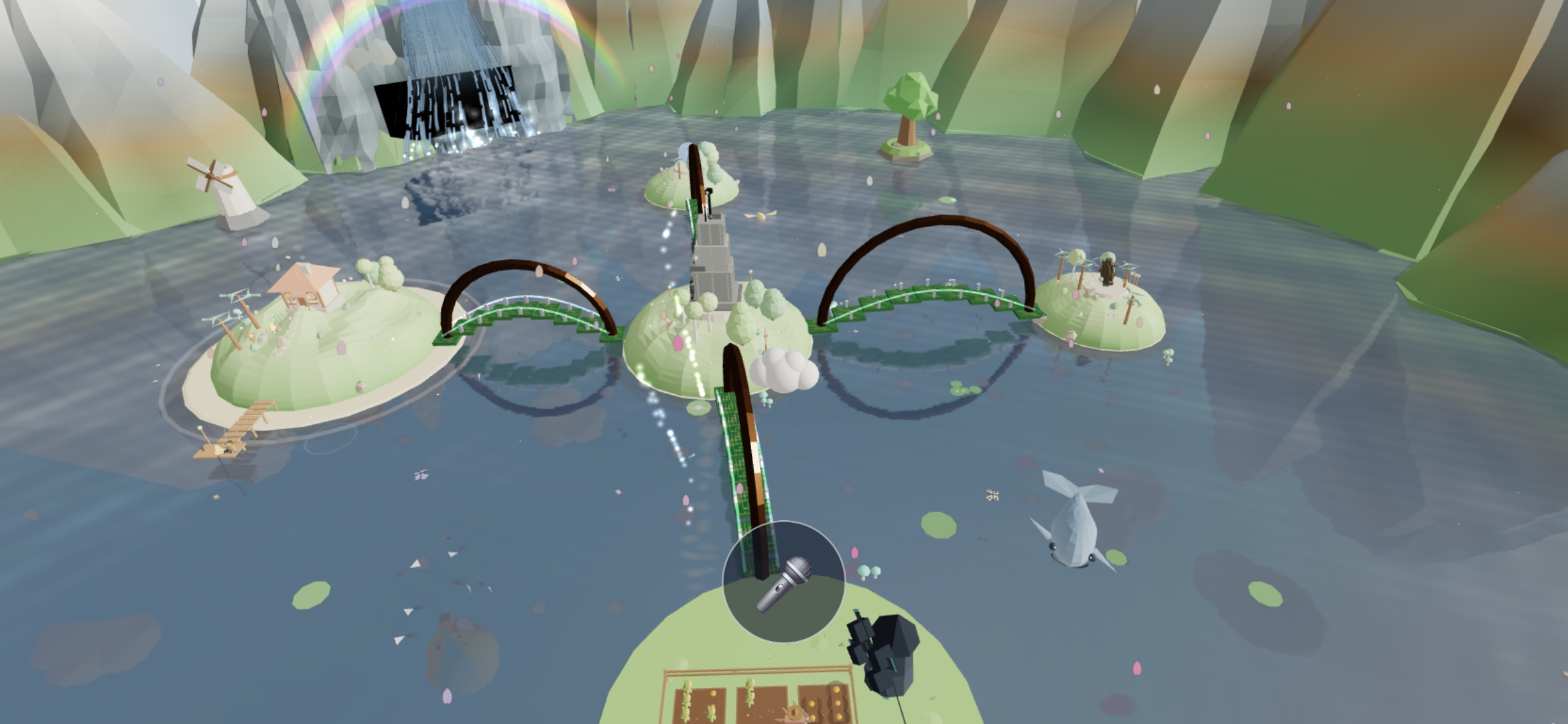 Coder-Douft — the island world by day: a rainbow over the waterfall, glowing bridges linking the islands